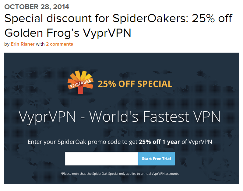 SpiderOak Offers Discount on Golden Frog’s VyprVPN